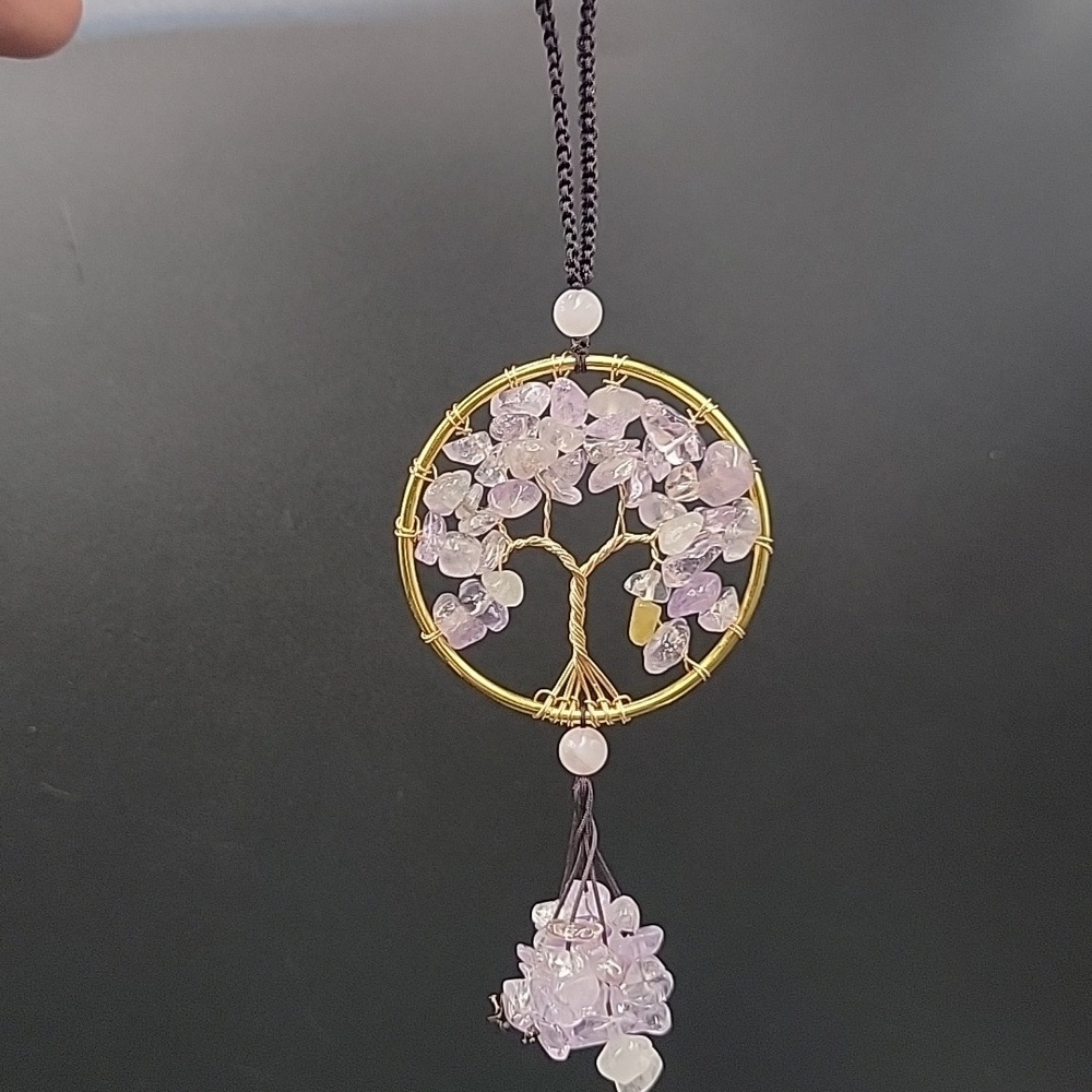 Gold Amethyst Rose Quartz Tree of Life Pendant Ornament 6" Hanging Gemstone #64